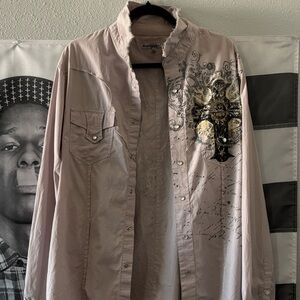 Tan and Grey Manchester LTD Y2k Longsleeve Western Crosses XL